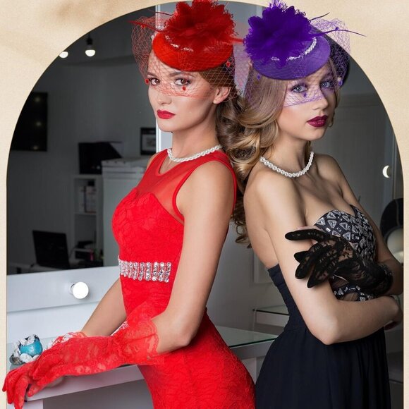 Women Hats Lace Gloves Pearl Necklace Set Vintage Veil Cocktail Accessories main image 3